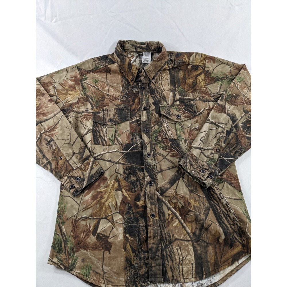 Vintage Realtree Hardwoods Camo Denim Shirt M Long Sleeve Button Up Heavy Cotton